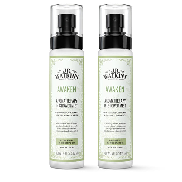 Two bottles of J.R. Watkins Awaken Aromatherapy in-Shower Mist, Rosemary & Rosewood, 4 oz each, deliver a spa-like experience with mood-enhancing natural ingredients. 2 Pack by J.R. Watkins.